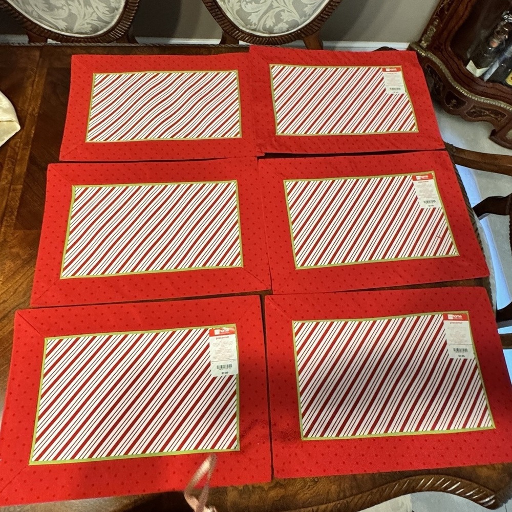 Set 6 JCPenny Christmas Placemats Reversible Red White Candy Cane Stripe Festiva